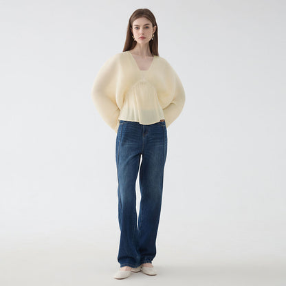 summer new horn sleeve temperament deep V-neck top women's casual new solid color sexy loose women's top