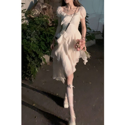 Tea Break Dress Women's Early Spring and Summer 2024 New Style White Ruffled Irregularly Slimming Short Skirt