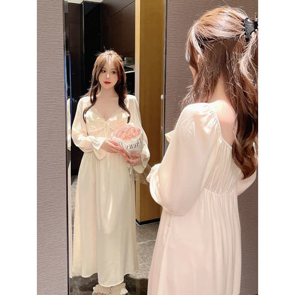 2025 Spring and Autumn Very Fairy Pajamas Women's Sweet Ice Ribbon Chest Pad Lace Sexy Princess Style Pajamas Long Sleeve Loungewear