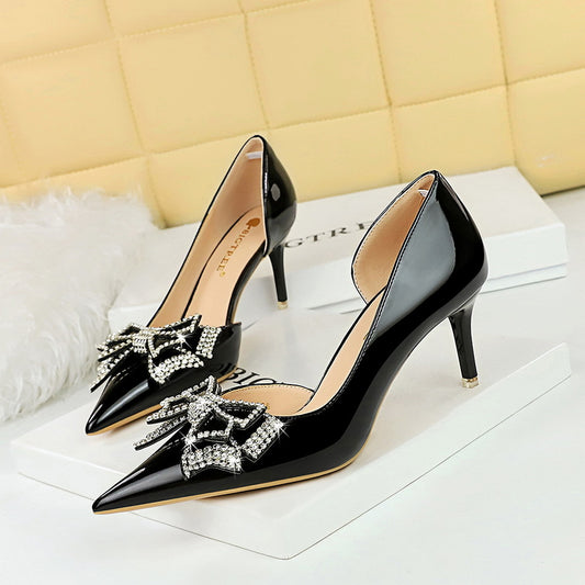 2025 638-AH17  style fashion banquet women's shoes high heel thin heel shallow mouth pointed head patent leather rhinestone bow single shoes