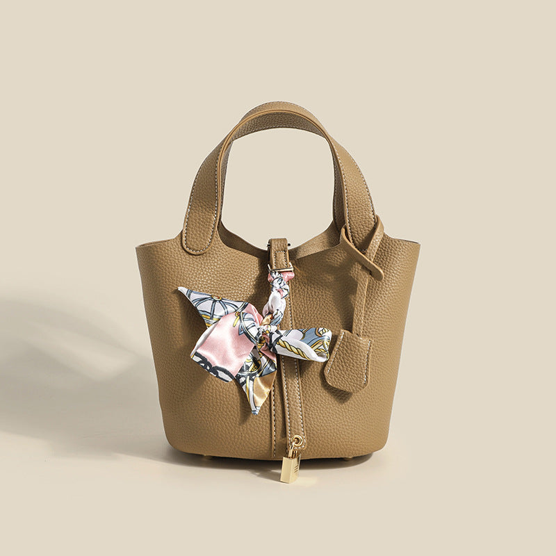 2025 popular New Women's Bag Lychee Pattern Soft Leather Vegetable Basket Bag Fashion Shoulder Bag Simple Versatile Handbag Bucket Bag