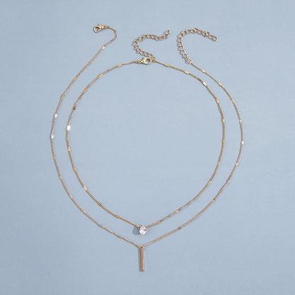 C096 HOT and NEW Cross Border Ornament Elegant Drop-Shaped Rhinestone Pendant Clavicle Chain Simple Long Stick Necklace Double Layer Twin