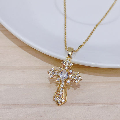 INS Vintage Gold Cross Necklace Personalized Pendant Zircon European and American Style Necklace Special-Interest Design Titanium Steel Clavicle Chain
