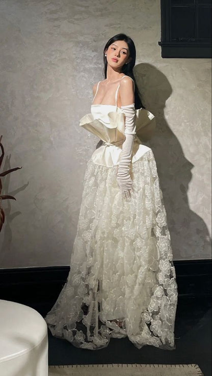 VAKKV Vintage A line Sleeveless Long White Lace Wedding Dresses v1259