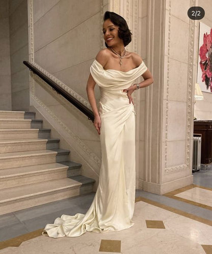 VAKKV Vintage Mermaid Stravless Long White Satin Wedding Dresses v1283