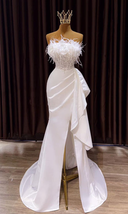 VAKKV Vintage Mermaid Long Slit White Wedding Dresses v2074
