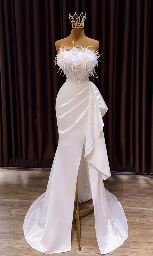 VAKKV Vintage Mermaid Long Slit White Wedding Dresses v2074