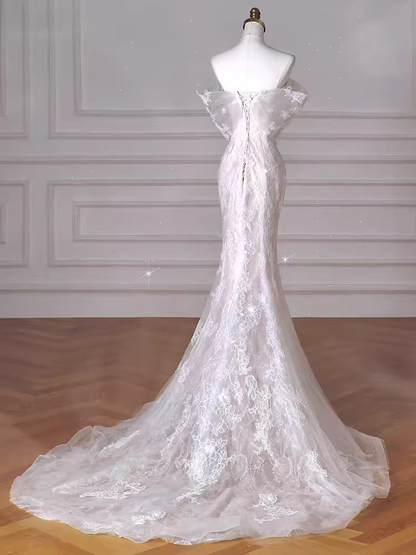 VAKKV Vintage Mermaid Stravless Long White Lace Wedding Dresses v1926