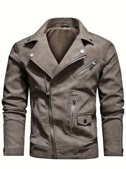 Mens Long Sleeve Lapel Thermal PU Leather Jacket with Zipper Pocket - Water-Resistant, Windproof, and Warm for Fall and Winter Outdoor Activities - Perfect for Casual Weekend Getaways and Going Out