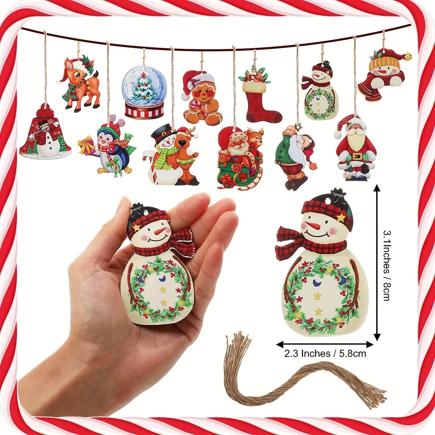 24pcs Wooden Christmas Ornaments, Farmhouse Style Hanging Decor, Vintage Santa Snowman Pendants for Home Party