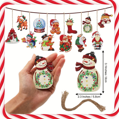 24pcs Wooden Christmas Ornaments, Farmhouse Style Hanging Decor, Vintage Santa Snowman Pendants for Home Party
