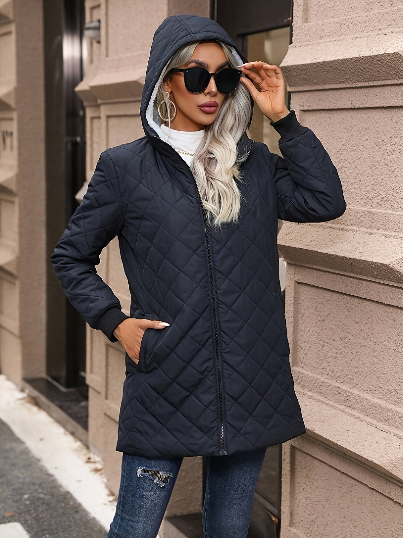 Quilted Full Zip Hooded Down Coat, Casual Solid Color Long Sleeve Pocket Down Coat For Fall & Winter, Women's Clothing