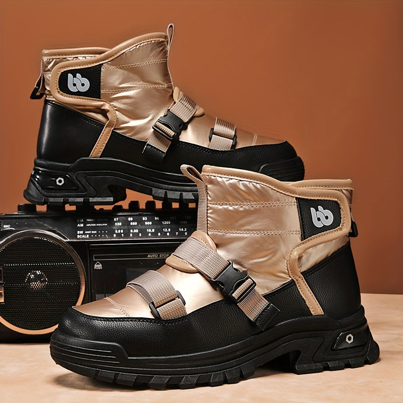 Men's Trendy High Top Snow Boots, Warm Cozy Non-slip Boots Plush Comfy Outdoor Hiking Shoes Lined Trekking Shoes, Winter