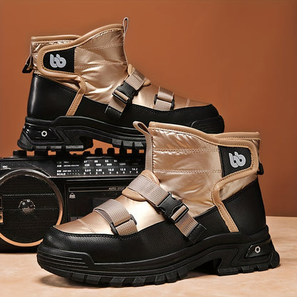 Men's Trendy High Top Snow Boots, Warm Cozy Non-slip Boots Plush Comfy Outdoor Hiking Shoes Lined Trekking Shoes, Winter
