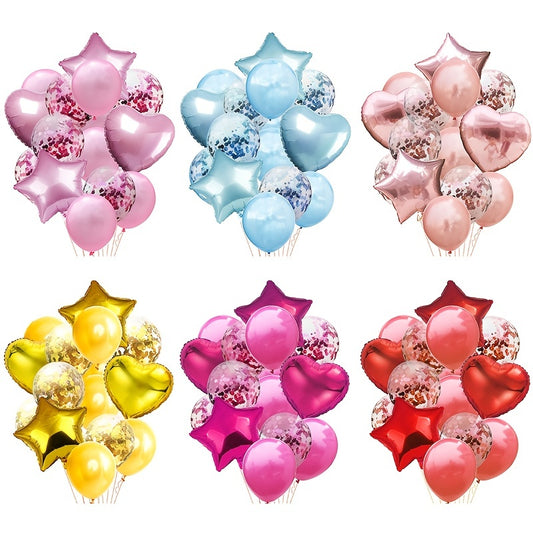 14pcs/set Happy Birthday Balloon Bundle - Stars, Hearts, and Confetti - Rose Golden Helium Balloons for a Festive Party