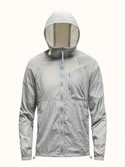 Men's Solid Color Hooded Long Sleeve Zipper Down Sun Protection Jacket With Pockets, Lightweight And Comfy Jacket Suitable For Outdoors Wear