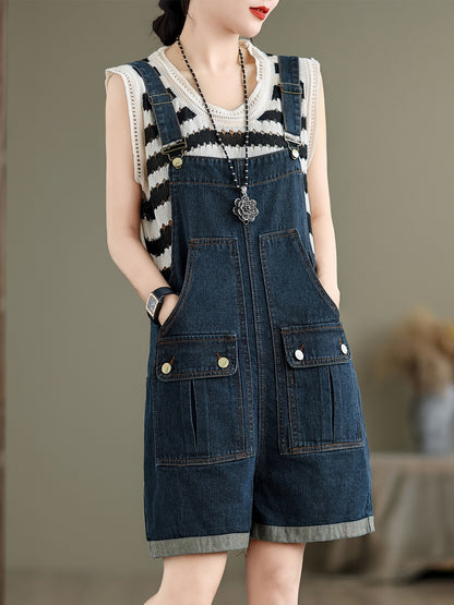Plain Washed Blue Flap Pocket Adjustable Strap Retro Style Roll Up Hem Denim Overalls Shortalls Dungarees, Women's Denim Jeans & Clothing