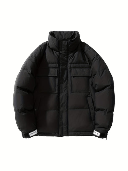 Men's Loose Solid Down Jacket With Pockets, Casual Breathable Lapel Zip Up Long Sleeve Warm Outwear For Winter Outdoor Activities
