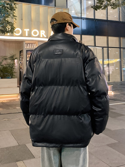Men's Stylish Alphabets Faux Down Jacket With Pockets, Casual Breathable Lapel Zip Up Long Sleeve Warm Top For Winter City Walk Street Hanging Outdoor Activities