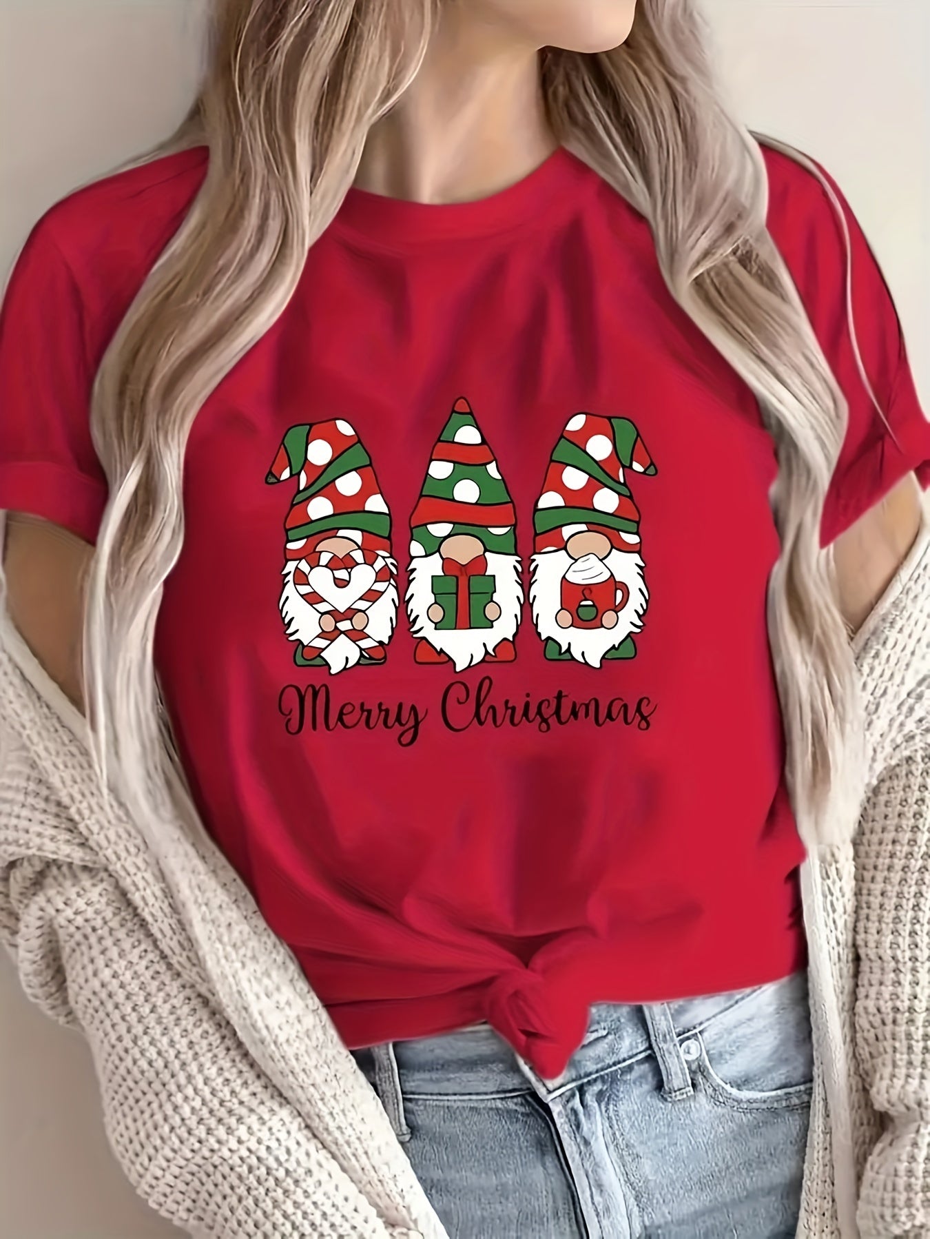 1pc Women'S Plus Size Merry Christmas Cartoon Gnomes T-Shirt, Casual Crew Neck Short Sleeve Top with Slight Stretch, Polyester Knit Fabric Pullover for All Seasons