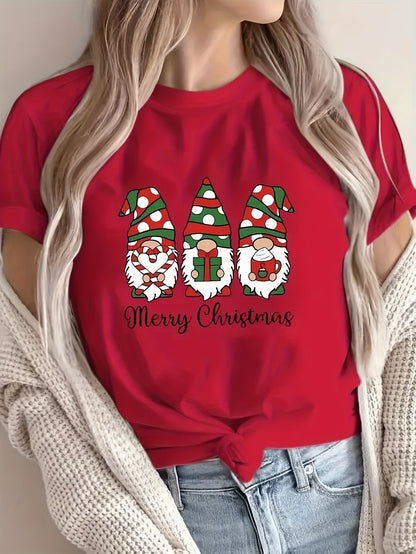 1pc Women'S Plus Size Merry Christmas Cartoon Gnomes T-Shirt, Casual Crew Neck Short Sleeve Top with Slight Stretch, Polyester Knit Fabric Pullover for All Seasons