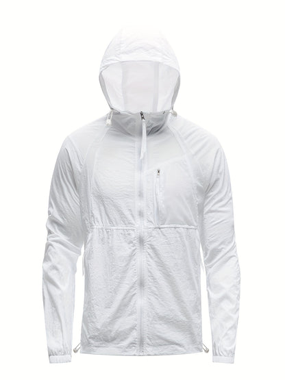Men's Solid Color Hooded Long Sleeve Zipper Down Sun Protection Jacket With Pockets, Lightweight And Comfy Jacket Suitable For Outdoors Wear