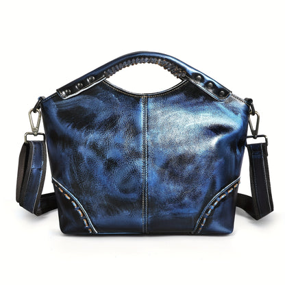 Vintage-Inspired Crazy Horse Leather Satchel Tote Bag for Women - Durable, Stitched, and Spacious with Removable Strap, Adjustable Shoulder Strap, and Polyester Lined Zippered Interior - Perfect for Work, School, or Daily Use
