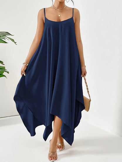VAKKV  Solid Asymmetric Hem Cami Dress, Casual Sleeveless Spaghetti Strap Dress, Women's Clothing