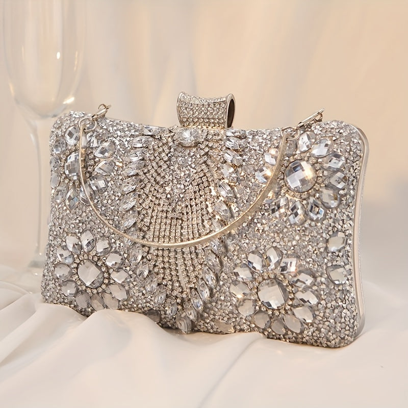 Glittering Vintage Rhinestone Evening Clutch - Elegant Ladies Cocktail Purse for Parties & Proms - Durable PU Material with Optional, Adjustable Chain Strap