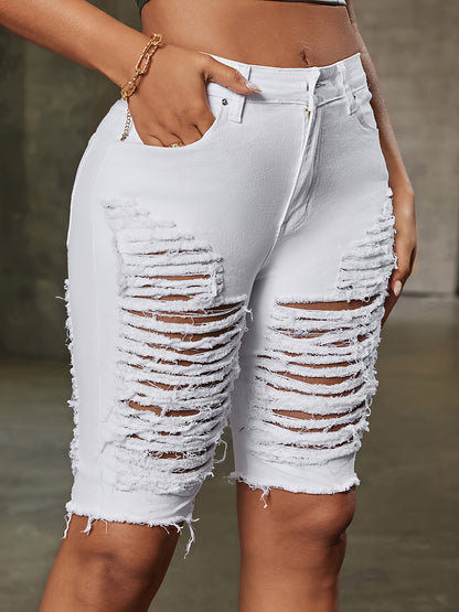 Womens Fashion-Forward Distressed Denim Shorts - Trendy Ripped Mid Waist Bermuda Style - Perfect for Summer, Chic Streetwear Look