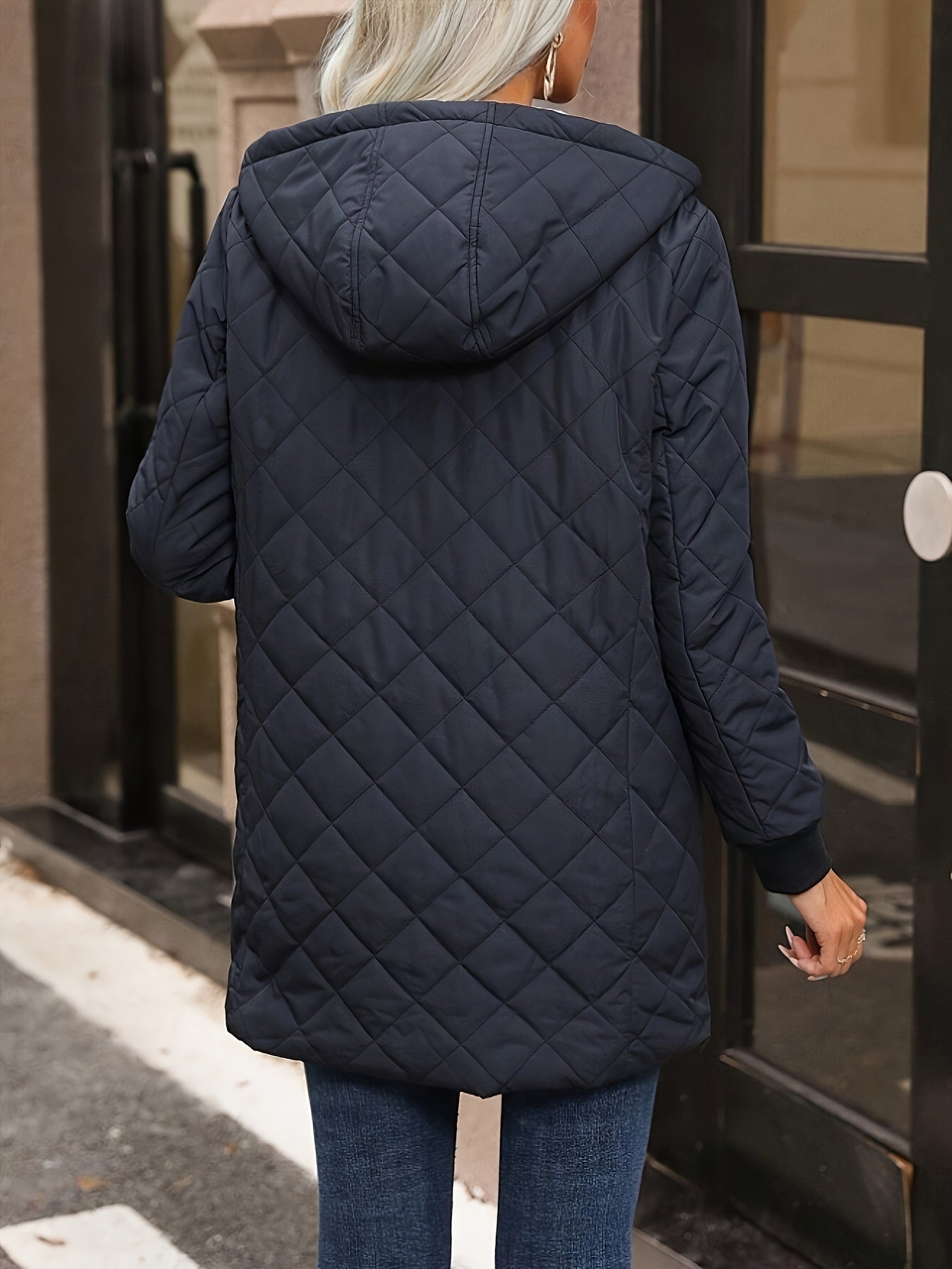 Quilted Full Zip Hooded Down Coat, Casual Solid Color Long Sleeve Pocket Down Coat For Fall & Winter, Women's Clothing
