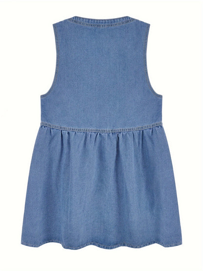Plain Washed Blue V Neck Button Closure Sleeveless Casual Style Denim Dress, Women's Denim Jeans & Clothing