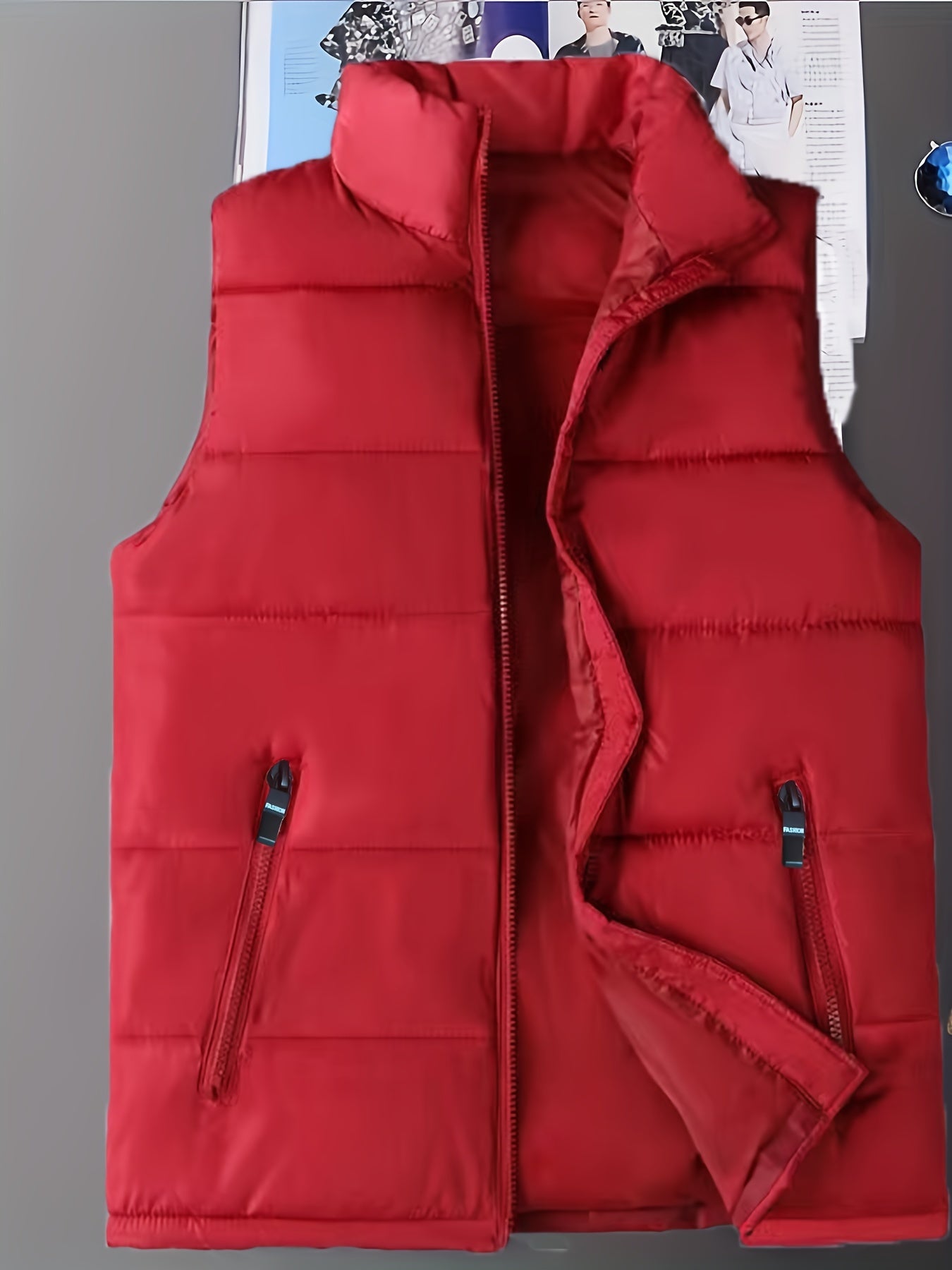 Men's Trendy Solid Puffer Vest, Casual Stand Collar Zip Up Down Vest For Outdoor Fall Winter
