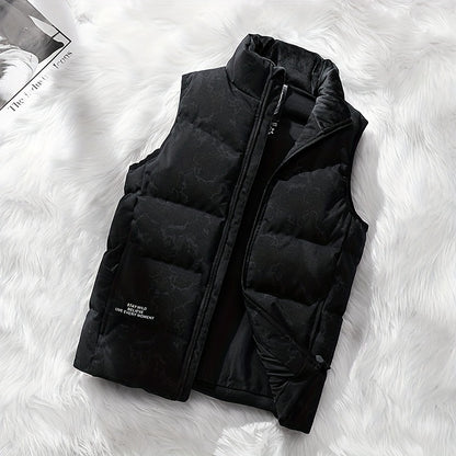 Men's Stylish Solid Sleeveless Down Jacket With Pockets, Casual Breathable Fleece Stand Collar Zip Up Warm Tank Top For City Walk Street Hanging Winter Outdoor Activities