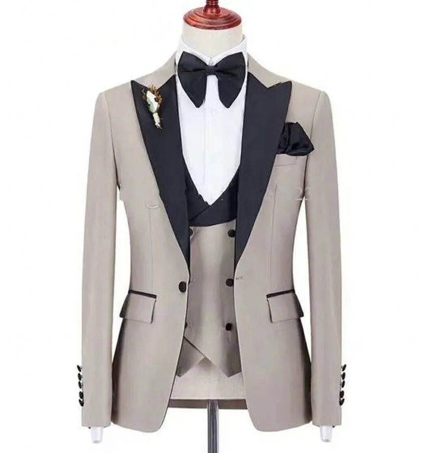 Custom Design Dark Green 3 Piece Suit Men Wedding Tuxedos Excellent Black Lapel Groom Tuxedos Men Business Dinner Prom Blazer Jacket Pants Tie Vest 211
