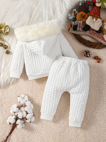 2pcs Baby's MERRY CHRISTMAS Reindeer Embroidery Fuzzy Splicing Hoodie & Casual Jacquard Pants, Toddler & Infant Boy's Clothing Set, Outdoor Cloth