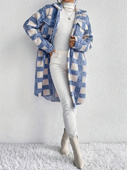Long Sleeve Elegant Plaid Pattern Button Front Teddy Coat for Fall & Winter, Women's Mid-length Warm Outerwear