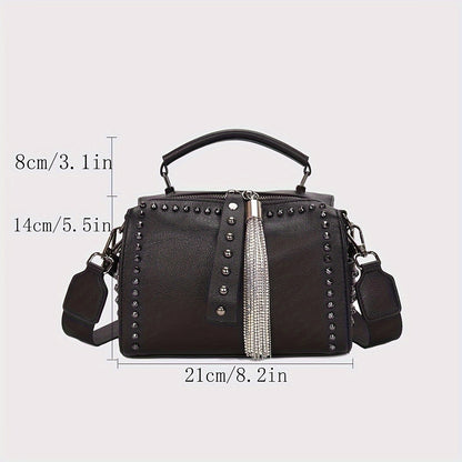 Vintage-Inspired Tassel Embellished Boston Handbag - Women's Fashion Crossbody Bag with Studded Decor, Chains Shoulder Strap, and Y2k Style Novelty Design - Perfect for Wedding Party, Designer Messenger Purse with Punk Rock Flair