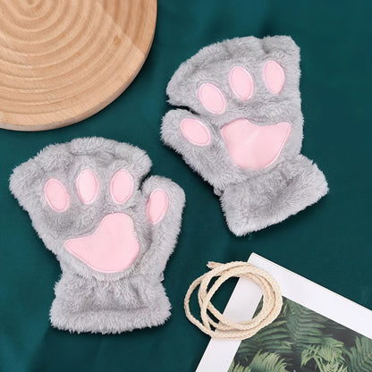 2 Pairs of Adorable Cartoon Cat Paw Plush Half Finger Gloves - Warm, Thickened, Exposed Fingers, Bear Paw Design for Men and Women in Winter - Perfect for Cute Girls in Europe and America