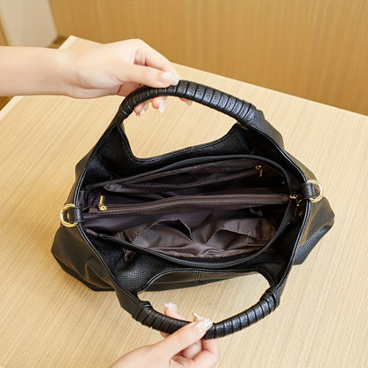 Vintage Style PU Leather Tote Bag with Zipper Closure, Polyester Lined, Classic Black Shoulder Handbag with Edge Paint, Durable Casual Large Capacity Purse for Women - Guangzhou Crafted
