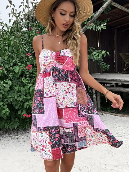 VAKKV  Flirty Patchwork Print Sweetheart Neck Dress - Backless & Sleeveless Spaghetti Strap - Spring/Summer Vacation Essential for Women