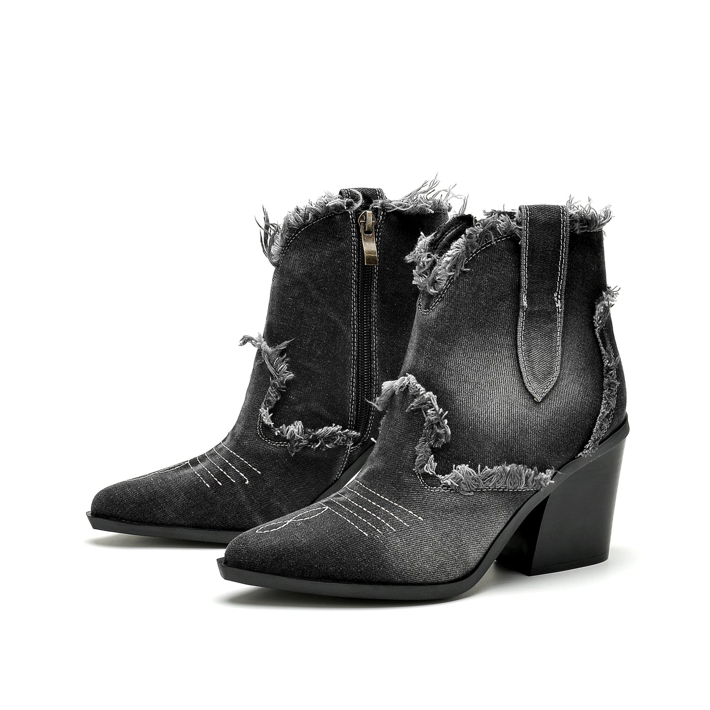 Womens Denim Western Boots - Sturdy & Stylish Chunky Heel, Pointed Toe, Side Zipper Closure - Retro Raw Trim Ankle Booties for a Cowgirl Chic Look