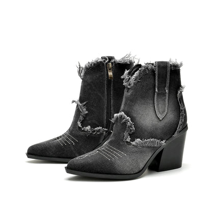 Womens Denim Western Boots - Sturdy & Stylish Chunky Heel, Pointed Toe, Side Zipper Closure - Retro Raw Trim Ankle Booties for a Cowgirl Chic Look