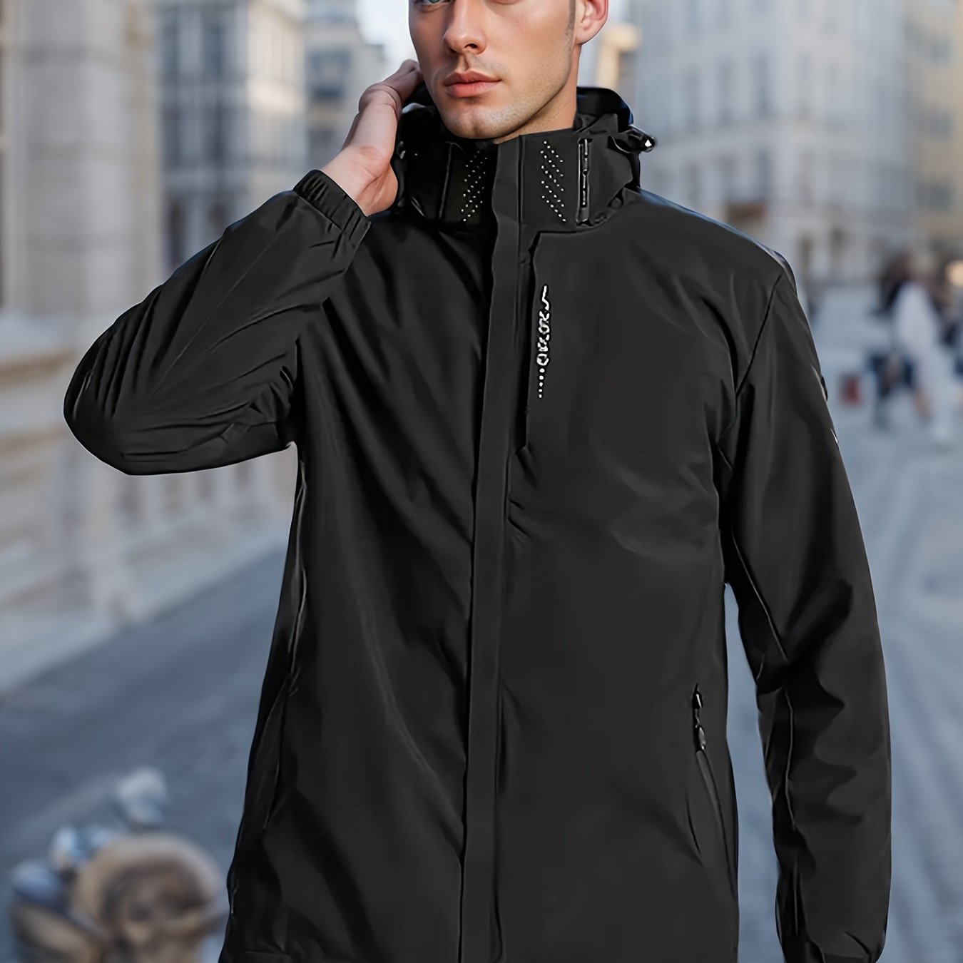 Men's Solid Color Hooded Zipper Down Windbreaker Jacket With Long Sleeve, Stand Collar And Removable Hood, Water And Wind Proof, Casual And Versatile Tops For Mountaineering And Outdoors Activities, Tops As Gifts