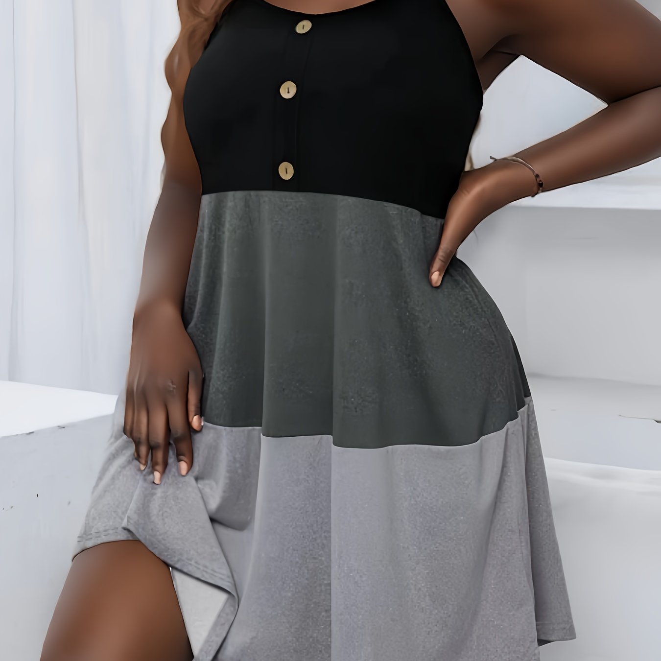 VAKKV  Plus Size Color Block Cami Dress with Button Front - Fashionable & Flattering for Spring & Summer - Adjustable Spaghetti Straps, Crew Neck, Casual Style - Womens Plus Size Clothing for Warm Weather