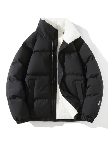 Men's Solid Puffer Coat With Pockets, Casual Breathable Stand Collar Zip Up Long Sleeve Fleece Warm Coat For Winter Outdoor Activities