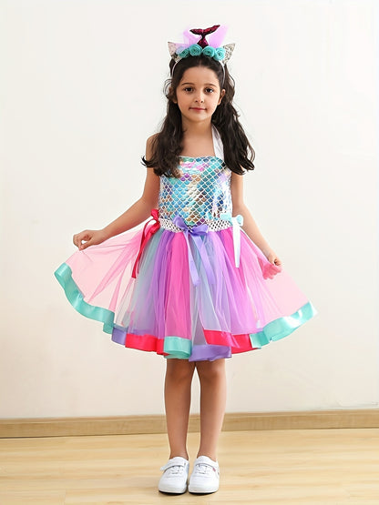 Tutu Dress and Headband Set - Sparkling Fish Scale Pattern Mesh Outfit for Girls - Perfect for Christmas, Halloween, Birthday Party, Performance, and Gift-Giving Occasions