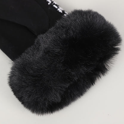 Stylish Houndstooth Touch Screen Gloves - Warm, Non-Elastic, Full Finger Polyester Woven Gloves with Faux Fur Cuffs, Perfect for Weekend Casual Use, Cold Weather, and Outdoor Activities