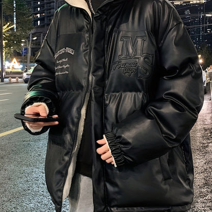 Men's Stylish Alphabets Faux Down Jacket With Pockets, Casual Breathable Lapel Zip Up Long Sleeve Warm Top For Winter City Walk Street Hanging Outdoor Activities