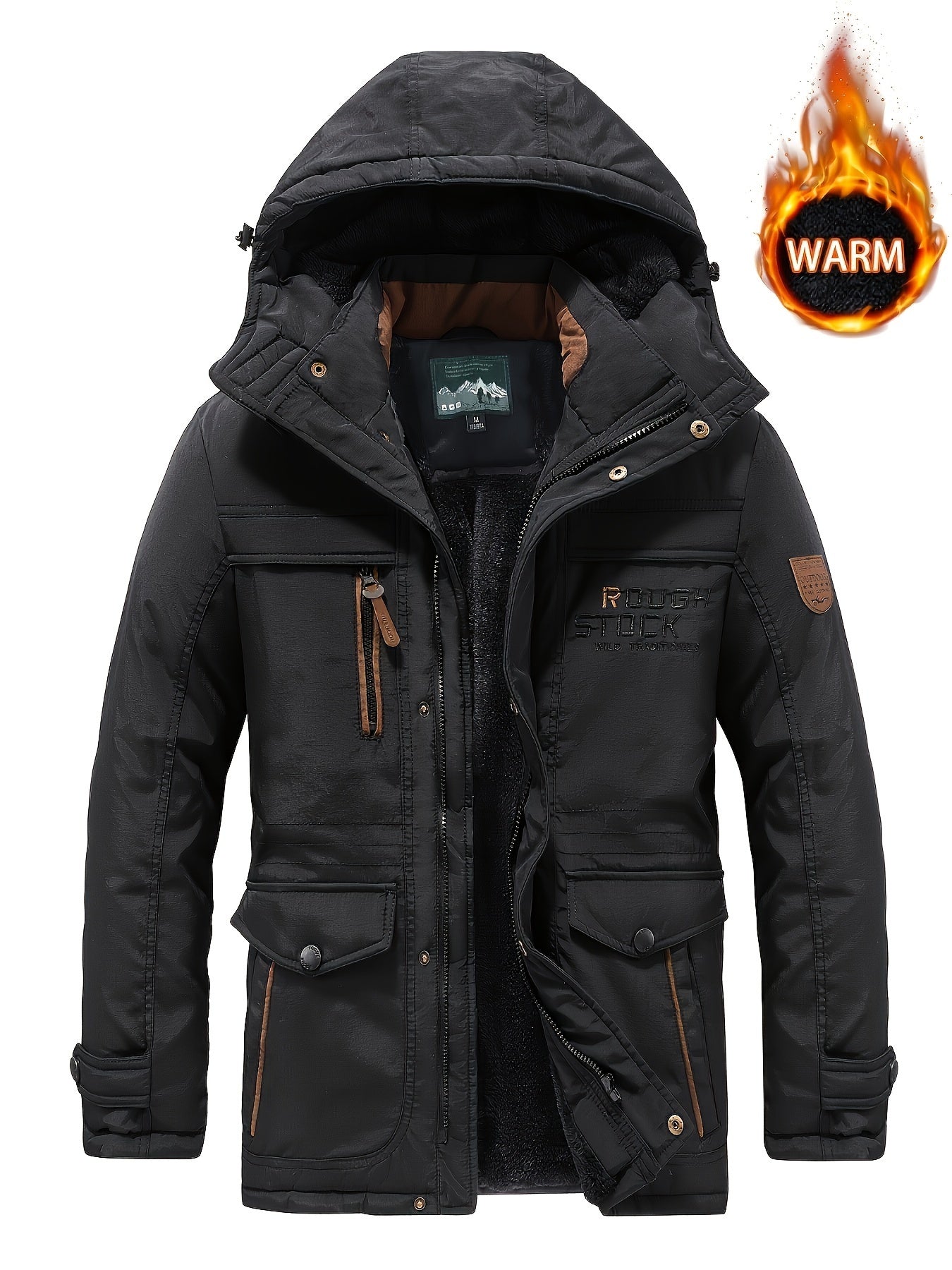 Men's Letters Pattern Hooded Faux Down Jacket, Comfy Warm Trendy Long Sleeve Thickened Faux Down Coat As Gift For Winter
